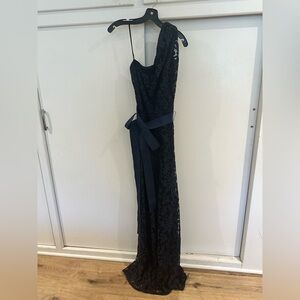 Tadashi Shoji Navy One-Shoulder Lace Gown with Belt